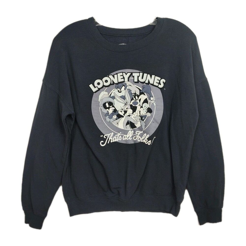 VTG Looney Tunes Sweatshirt Women's XS Blue Crew Neck Print "That's All Folks!"